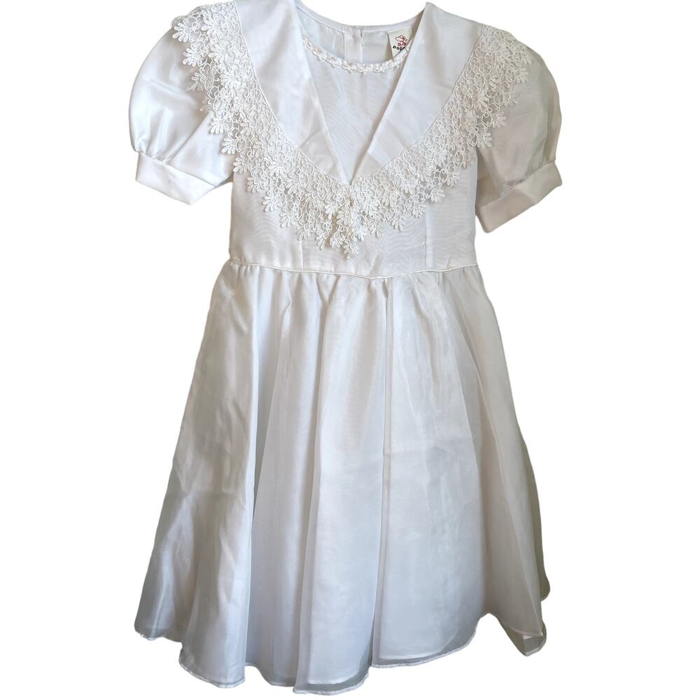 Vintage 80s Popayes White Pete Pan lace Collar puff sleeve youth Girls 8 Dress